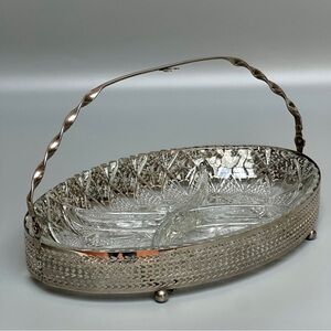 Vintage Rare Queen Anne Display Dish Silver Plate & Pressed Glass Tray